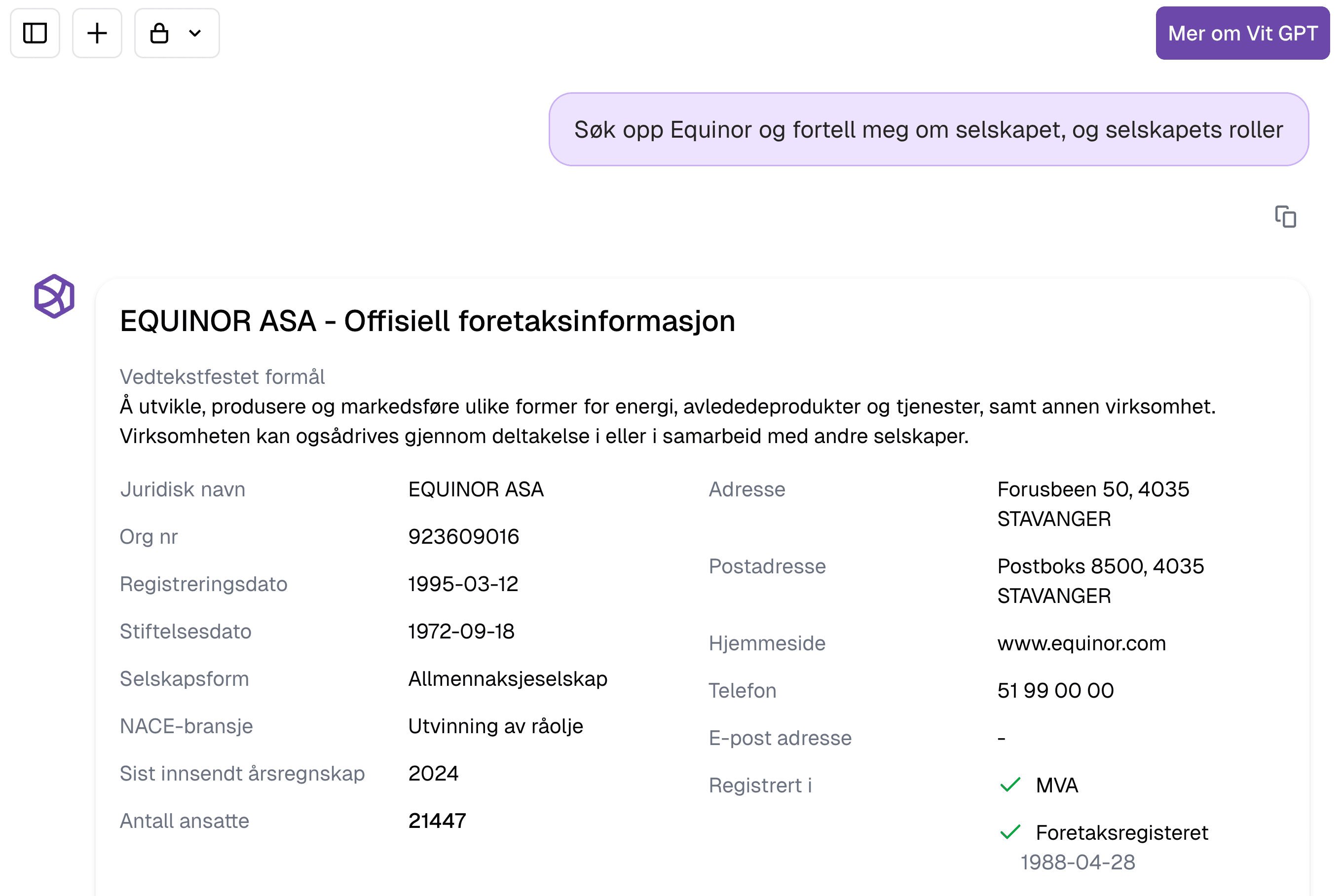 Bilde som viser at Vit GPT har kalt et verktøy og viser relatet